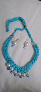 Blue  braided thread necklace with pearl n pearl danglers