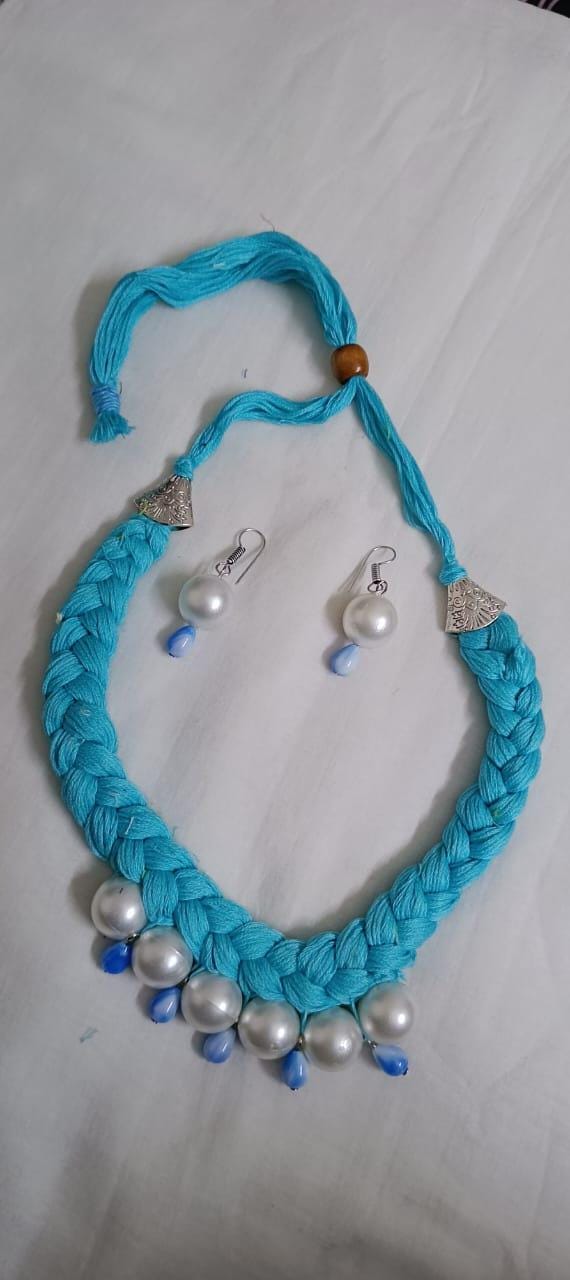 Blue  braided thread necklace with pearl n pearl danglers