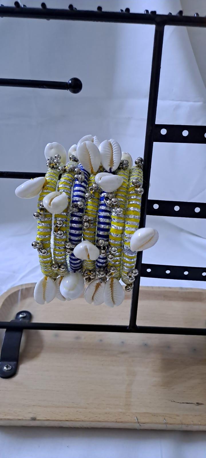 Yellow and blue colour traditional zari thread and kori bangles (set of 7 bangles)