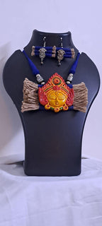 Terracotta Durga pendant jute necklace set with matching earrings