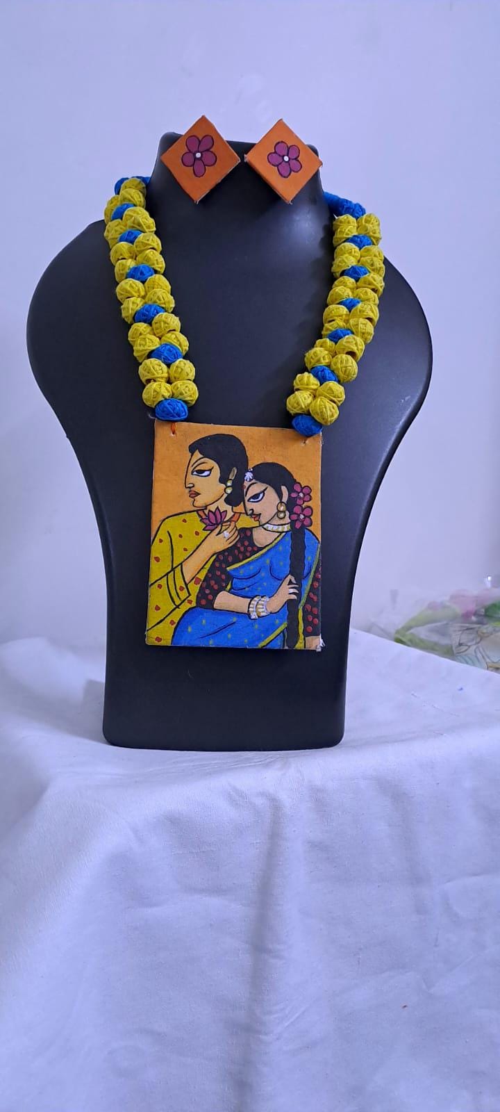 Handpainted fabric necklace set with earrings