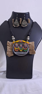 Terracotta Lord Jagannath pendant jute necklace set with matching earrings