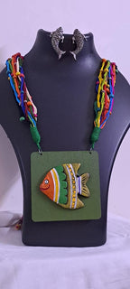 Terracotta fish pendant and thread necklace