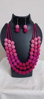 Exclusive 3 layered pink thread beads necklace set with matching earrings