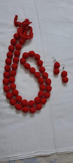 Exclusive red colour thread beads long necklace set with matching earrings