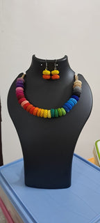 Exclusive multi coloured crochet necklace with colouful matching earrings.