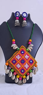 Hand embroidered Kutch Pattern fabric necklace set with matching earrings