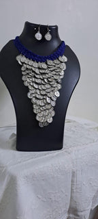 Braided blue choker necklace set with multi layered fringes n matching earrings