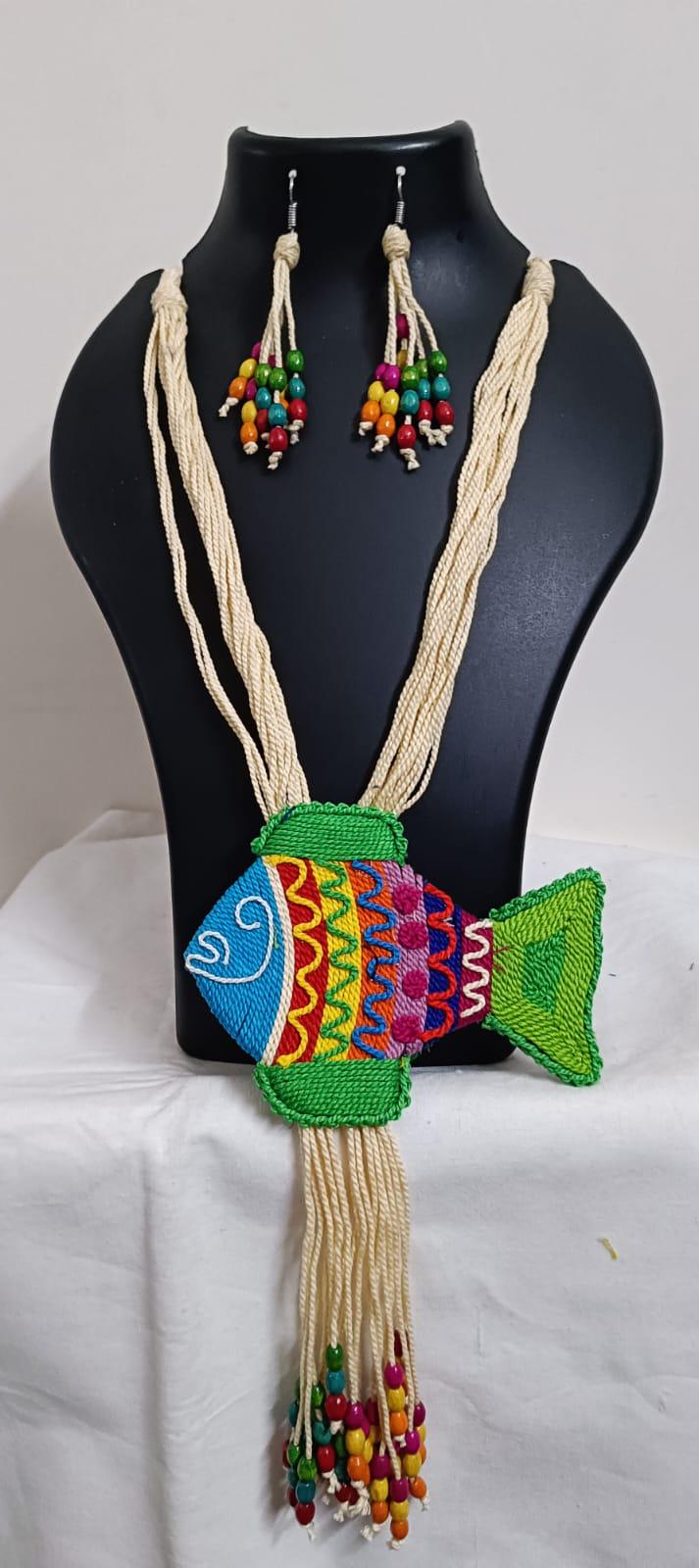 Multi colour thread fish pendant Jewellery. set with matching thread earrings