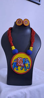 Handpainted fabric jewellery set with matching earrings