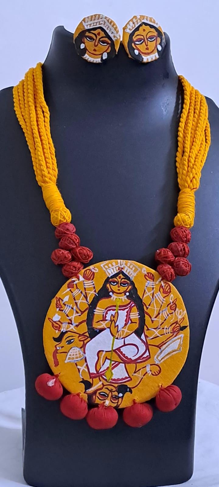 Handpainted fabric jewellery set with matching earrings