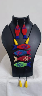 Multi colour crochet thread necklace with fish pendant and matching thread earrings