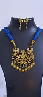Royal blue thread necklace with Golden oxidised traditional pendant