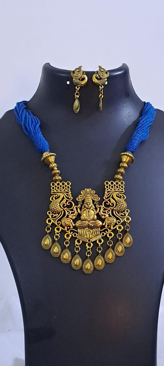 Royal blue thread necklace with Golden oxidised traditional pendant
