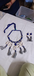 Exclusive blue n grey hasuli thread necklace set with shell fringes n matching earrings