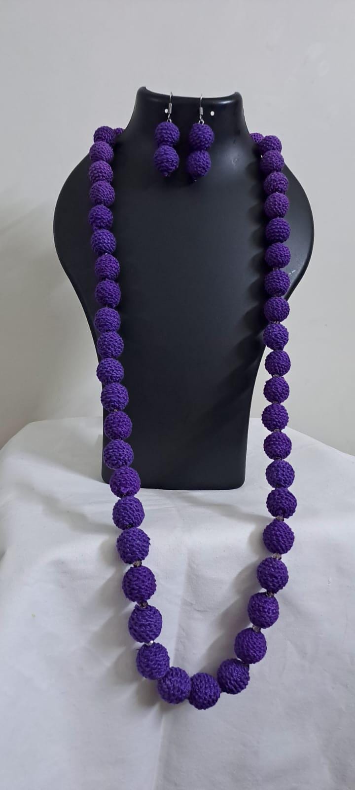 Exclusive purple colour thread beads long necklace set with matching earrings