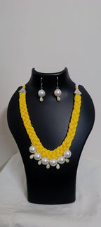 Yellow  braided thread necklace with pearl n pearl danglers