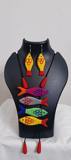 Multi colour crochet thread necklace with fish pendant and matching thread earrings