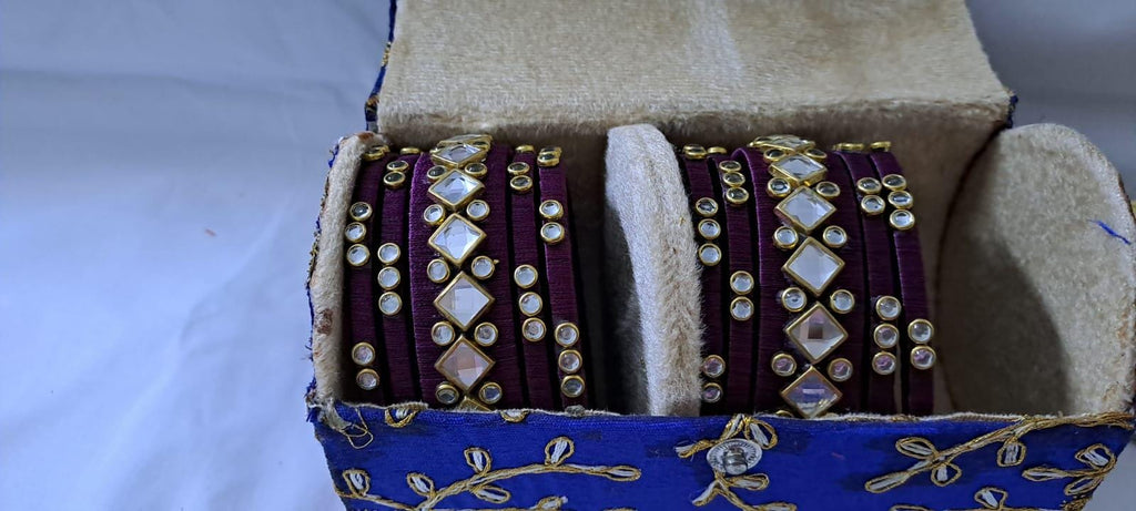 Purple colour traditional thread kundan bangles with zari bangle box