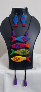 Multi colour crochet thread necklace with fish pendant and matching thread earrings