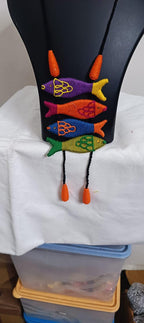 Multi colour crochet thread necklace with fish pendant and matching thread earrings