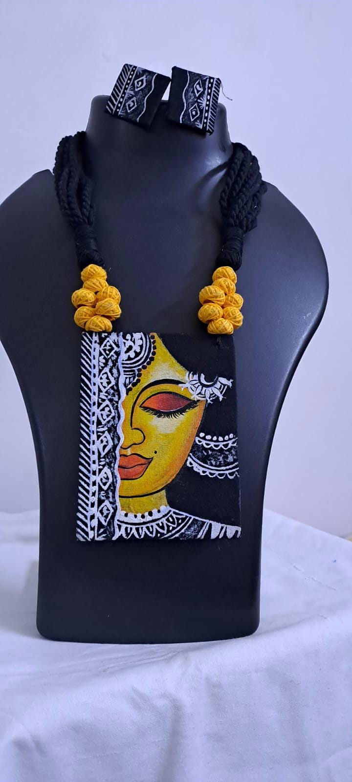 Handpainted fabric necklace set with earrings