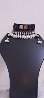 Handmade Kutch Glass work choker necklace with beads n shell fringes and glass work earrings