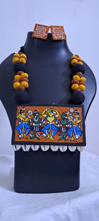 Handpainted fabric necklace set with earrings