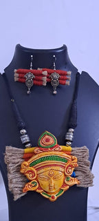 Terracotta Durga pendant jute necklace set with matching earrings