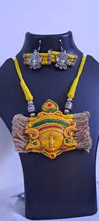 Terracotta Durga pendant jute necklace set with matching earrings