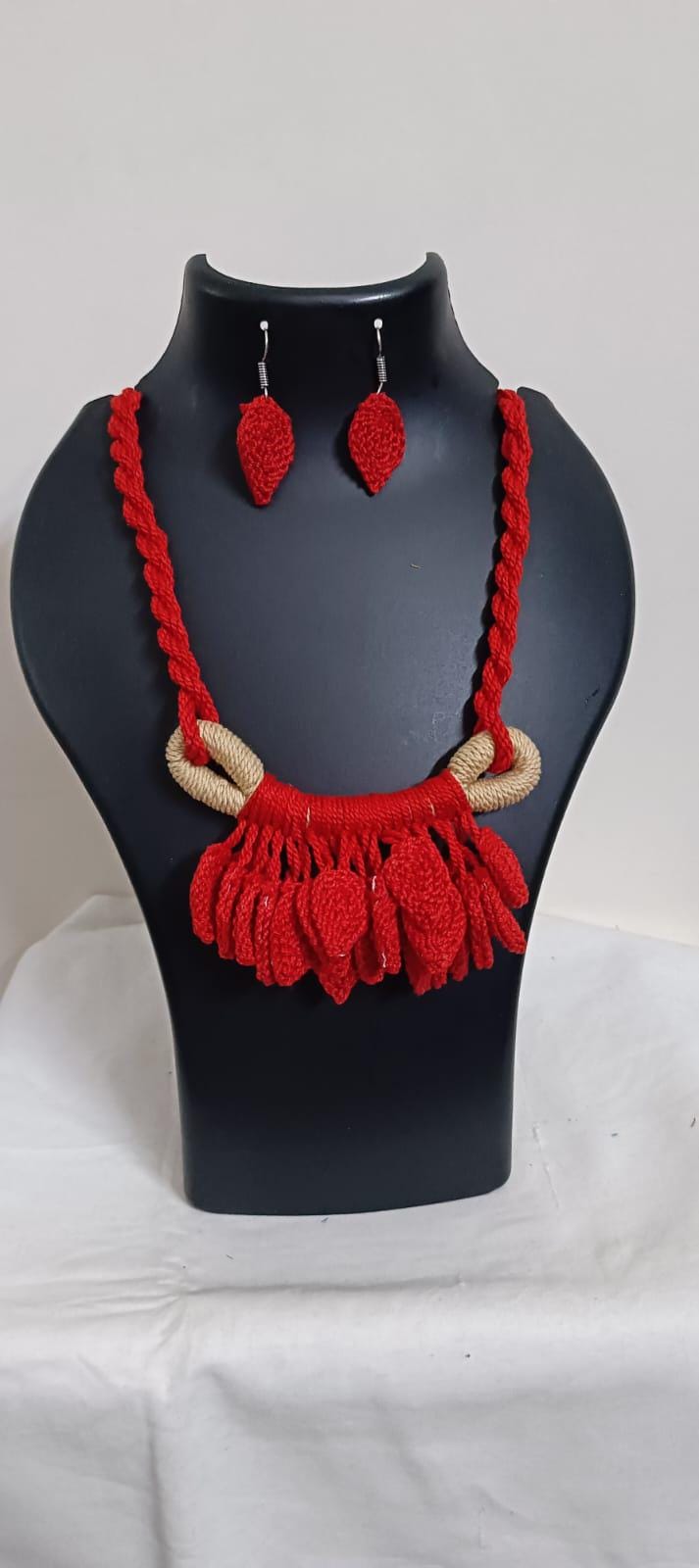 Red Crochet thread necklace set with leaf fringes and matching earrings