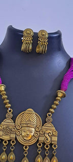 Pink thread necklace with Golden oxidised traditional pendant