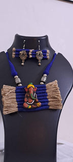 Terracotta Ganesha pendant jute necklace set with matching earrings