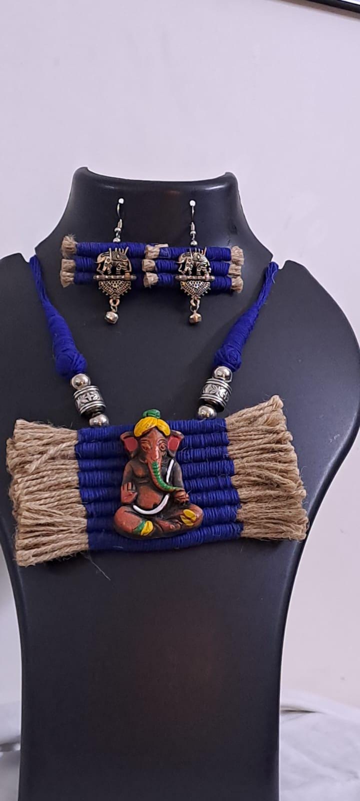 Terracotta Ganesha pendant jute necklace set with matching earrings