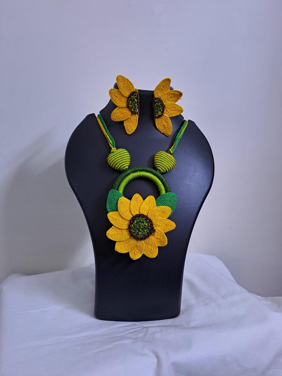 Yellow thread necklace set with sunflower pendant n matching earrings