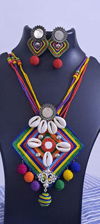 Exclusive multicoloured thread necklace set with shell n thread pendant n matching earrings