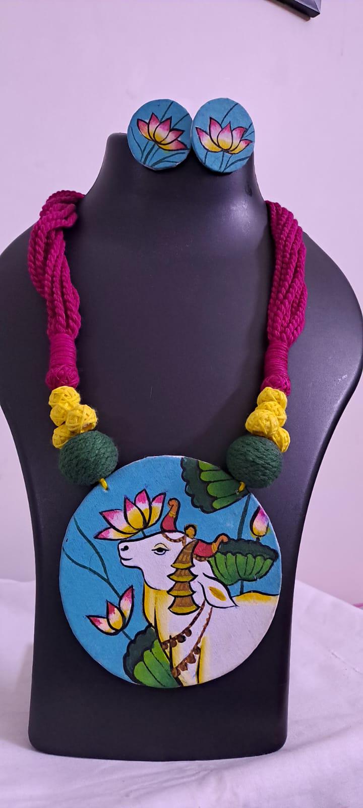 Handpainted fabric jewellery set with matching earrings