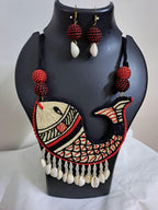 Handmade thread jewellery necklace set with fish pendant n shell  danglers and matching earrings