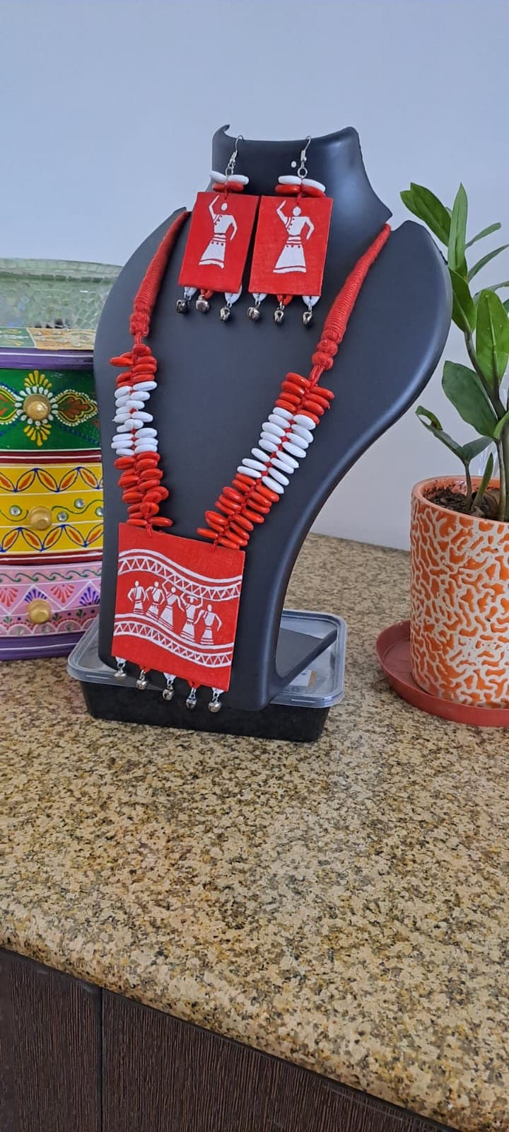 Handpainted fabric set with shell beads