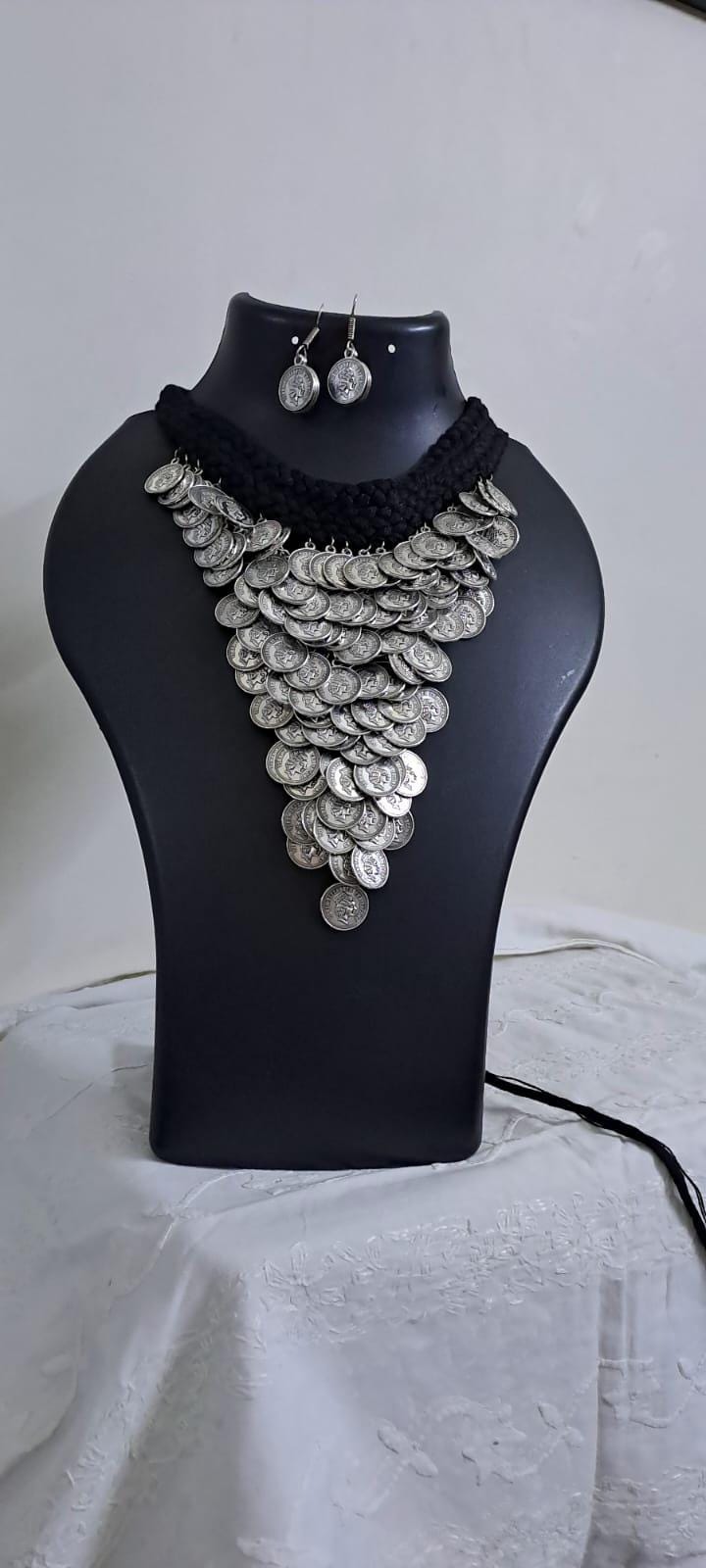 Braided black choker necklace set with multi layered fringes n matching earrings