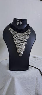 Braided black choker necklace set with multi layered fringes n matching earrings