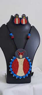Handmade thread jewellery necklace set with owl pendant and matching earrings