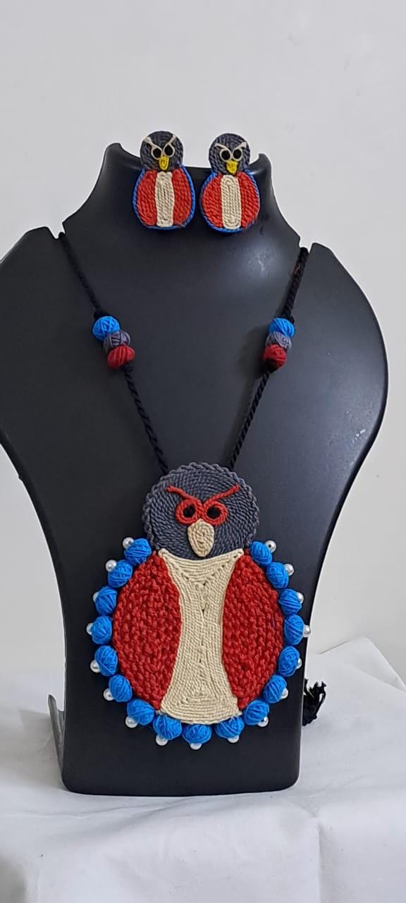 Handmade thread jewellery necklace set with owl pendant and matching earrings