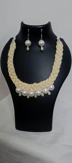 Offwhite braided thread necklace with pearl n pearl danglers