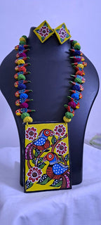 Handpainted fabric necklace set with earrings