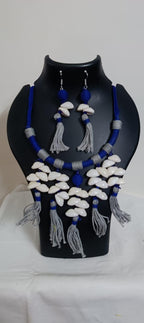 Exclusive blue n grey hasuli thread necklace set with shell fringes n matching earrings