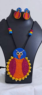 Handmade thread jewellery necklace set with owl pendant and matching earrings