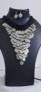 Braided black choker necklace set with multi layered fringes n matching earrings