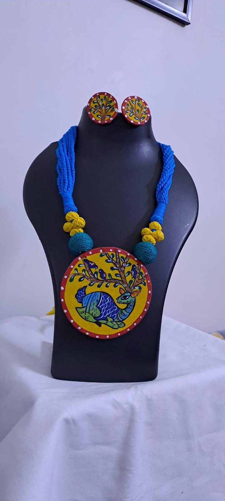 Handpainted fabric necklace set with earrings