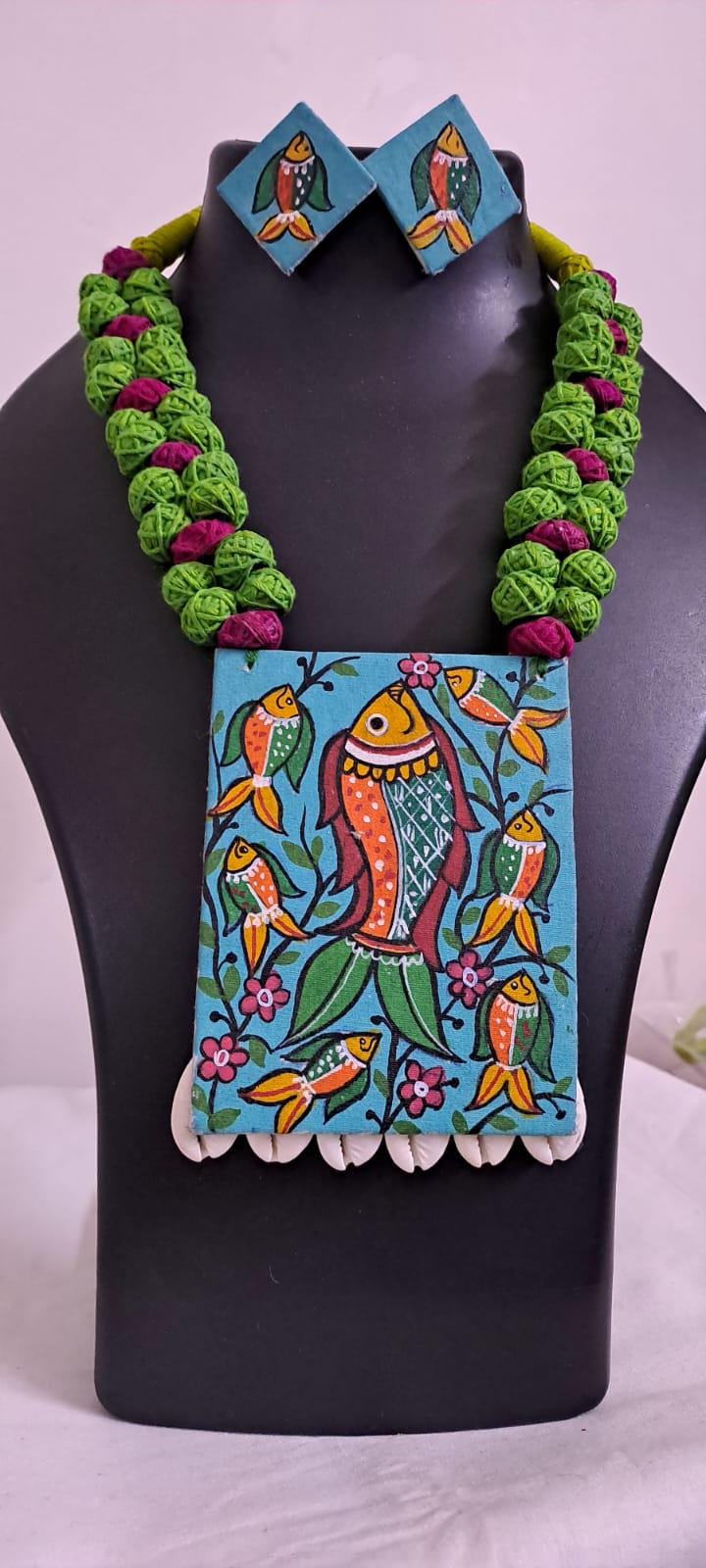 Handpainted fabric necklace set with earrings